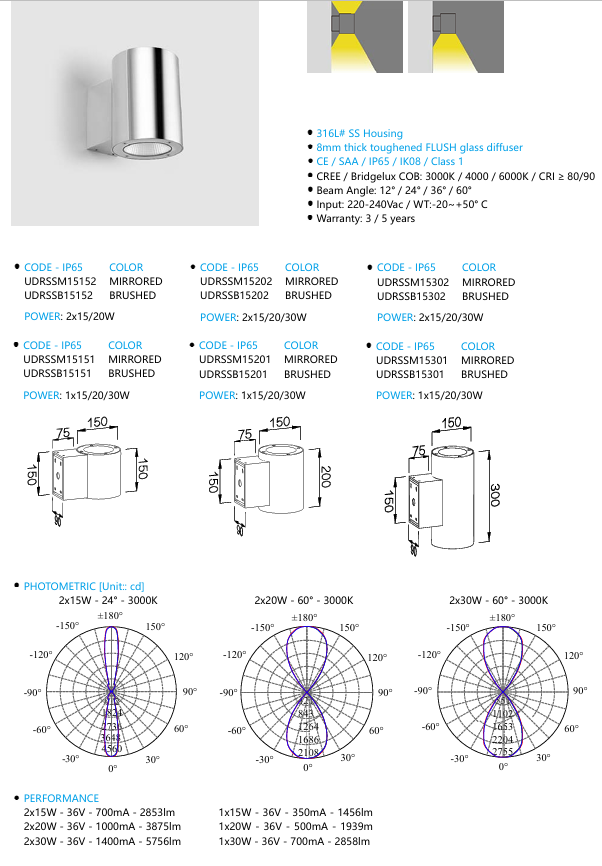 walllight spec 316SS